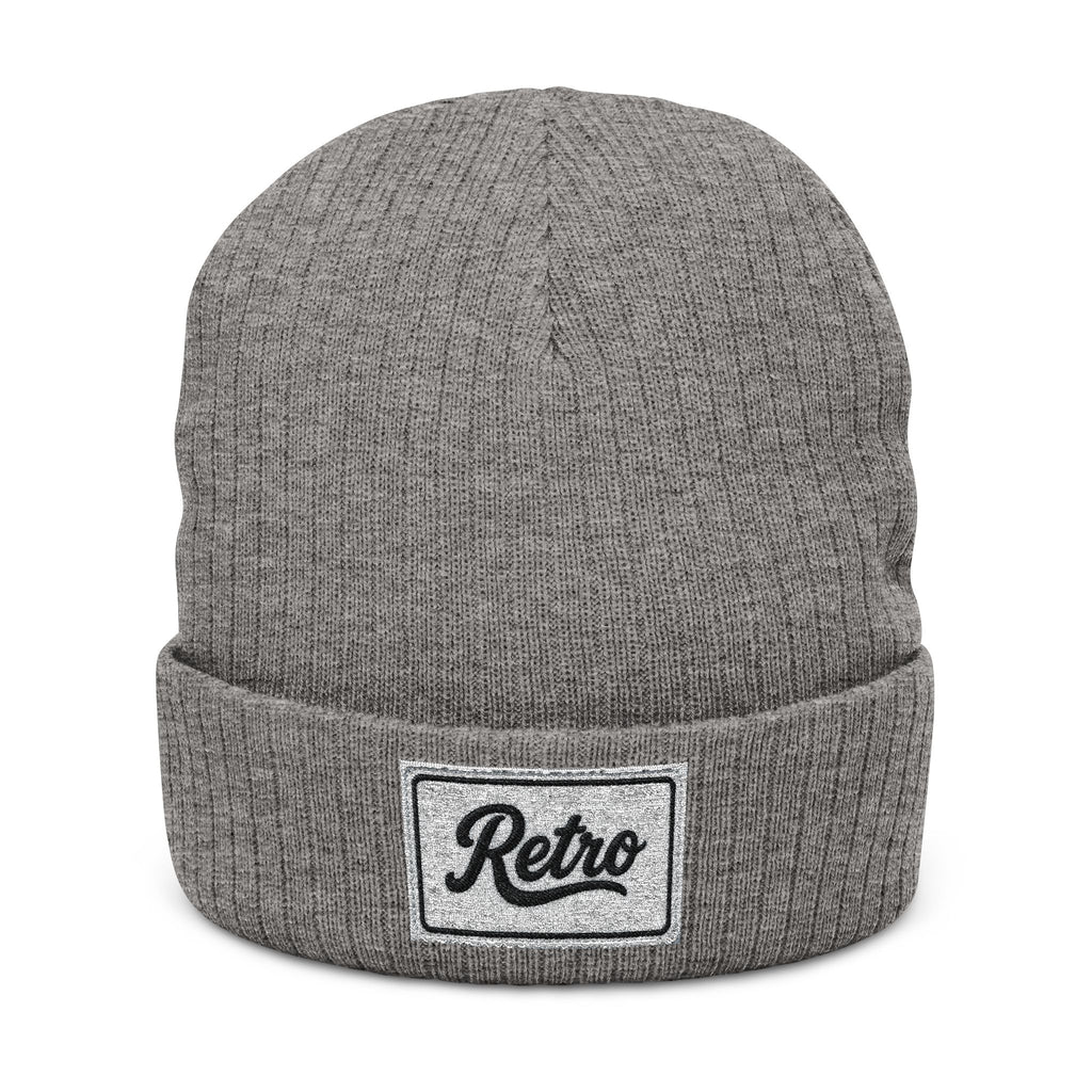 Embroidered Ribbed Beanie - 'Retro' Patch Knit Hat