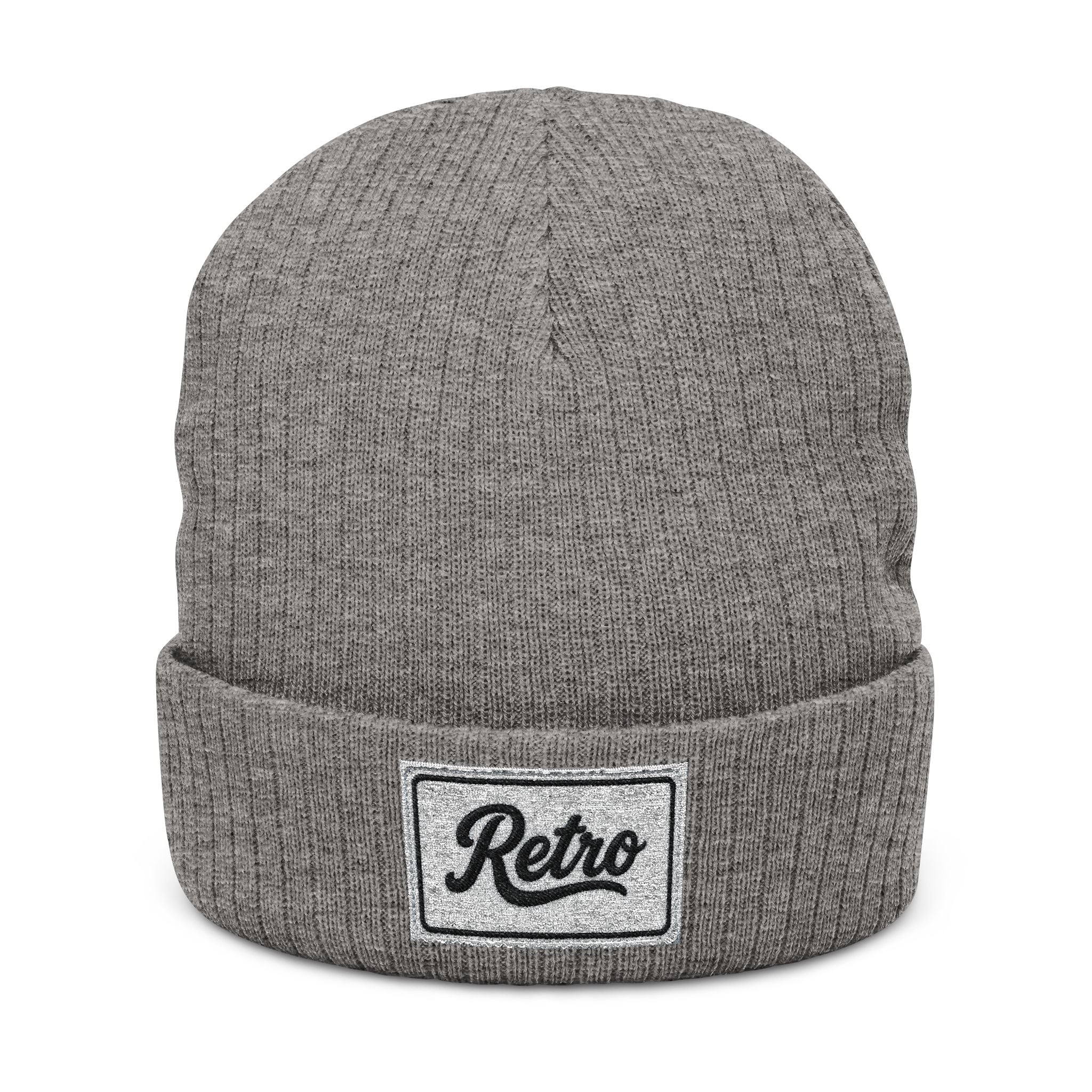 Embroidered Ribbed Beanie - 'Retro' Patch Knit Hat